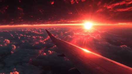 A stunning view featuring an airplane wing cutting through fluffy clouds during a vibrant sunset, showcasing rich red and orange hues in the sky.の素材