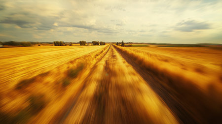 Experience the thrill of a high-speed train journey cutting through golden fields under a dramatic sky, showcasing the beauty of rural landscapes in motion.の素材