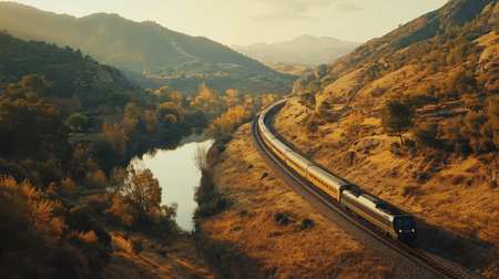 A picturesque train gliding through a stunning landscape, surrounded by mountains and a serene river, showcasing the beauty of nature and travel.の素材