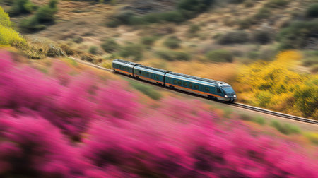 A dynamic image of a train in motion, set against a backdrop of vibrant, colorful flowers and rolling hills, showcasing scenic beauty and travel excitement.の素材