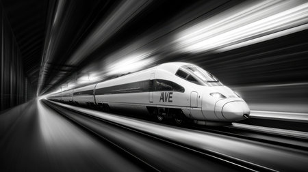 A sleek high-speed train races through a dark tunnel, showcasing modern engineering and dynamic motion. This captivating image emphasizes rapid travel and connectivity.の素材