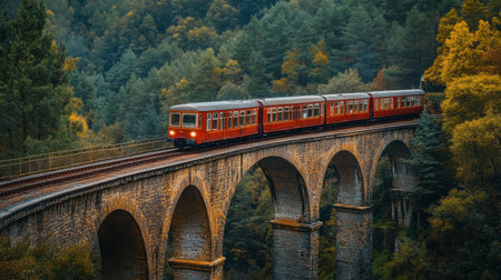 A vibrant commuter train gracefully crosses a historic bridge surrounded by lush autumn foliage, showcasing the beauty of nature and engineering in harmony.の素材