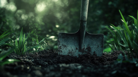 A sharp shovel blade sinks deeply into rich soil, capturing the essence of gardening and nature. The vibrant greenery surrounds the tool, symbolizing growth and cultivation.の素材