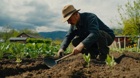 A dedicated farmer carefully digs into the soil using a shovel, tending to young plants in an agricultural field. The image captures the essence of outdoor farming and cultivation in nature.の素材
