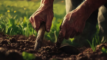 Close-up of farmer's hands gripping a shovel, digging into rich soil. The image captures the essence of manual labor in agriculture, emphasizing growth and nurturing.の素材