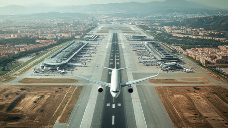 Aerial view of a passenger airplane taking off from a busy airport runway. The scene captures the dynamic movement of flight and the surrounding urban landscape.の素材