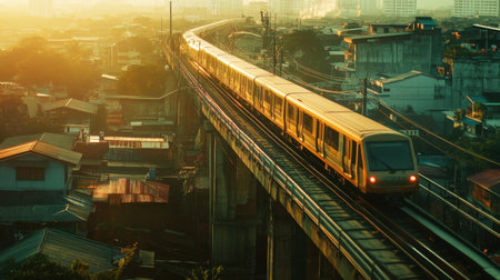 A vibrant morning scene featuring an MRT train on the Pink Line, captured in stunning light. The urban landscape contrasts beautifully with the train's design.の素材