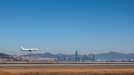 A passenger airplane climbing high above a vibrant city skyline under a clear blue sky, showcasing the beauty of modern air travel and urban landscapes.の素材