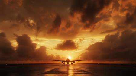 A stunning silhouette of an airplane on the airport runway during sunset, featuring dramatic clouds and vibrant colors that create a peaceful travel atmosphere.の素材