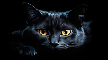 A stunning close-up of a black cat's face with captivating yellow eyes. The high contrast between the dark fur and bright eyes creates a mysterious atmosphere, perfect for animal lovers and those seeking a touch of elegance.の素材