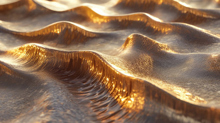 Explore a mesmerizing close-up view of a golden abstract 3D surface, featuring smooth waves and reflective texture. Perfect for artistic projects.の素材