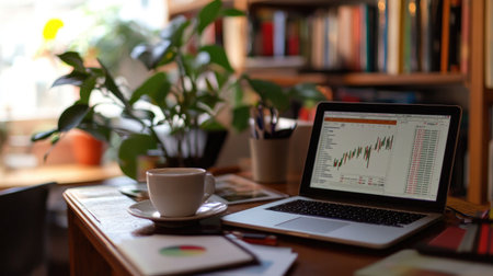 A busy desk scene featuring a laptop displaying data charts, a coffee cup, and a vibrant plant, creating an inviting workspace in a home office setting.の素材