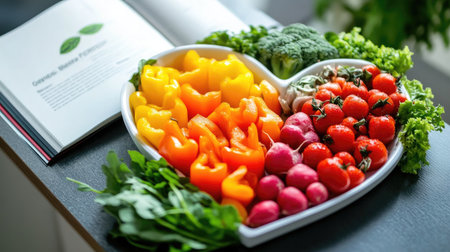 A beautifully arranged heart-shaped platter filled with vibrant, fresh vegetables, perfect for healthy meals, gatherings, or as a colorful snack display.の素材