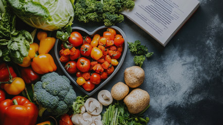 A beautifully arranged heart-shaped platter filled with fresh vegetables and fruits, perfect for healthy meals and vibrant culinary presentations.の素材