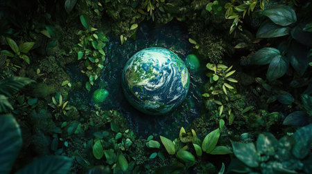 This stunning 3D representation showcases a vibrant planet surrounded by lush vegetation, highlighting the beauty of nature and ecology in a detailed, artistic format.の素材