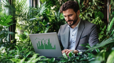 A businessman analyzes revenue trends on a laptop surrounded by lush greenery. The setting emphasizes modern work aesthetics and environmental harmony.の素材