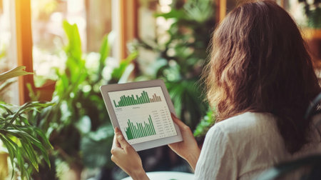 A businesswoman engaged in profit analysis using a tablet, showcasing graphs in a bright office space filled with greenery, perfect for themes of productivity and growth.の素材