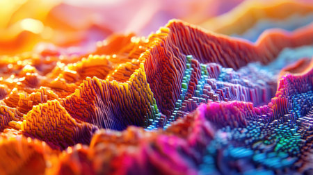 A vibrant 3D visualization representing currency exchange trends, showcasing colorful patterns and textures that illustrate economic data in an abstract design.の素材