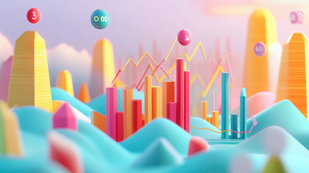A vibrant 3D landscape features rising financial elements, showcasing colorful charts and graphs among pastel hills. Ideal for finance and innovation themes.の素材