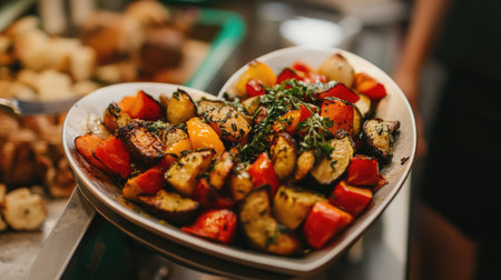 A vibrant heart-shaped plate filled with roasted vegetables, showcasing a colorful array of fresh ingredients, perfect for a healthy and appetizing meal.の素材