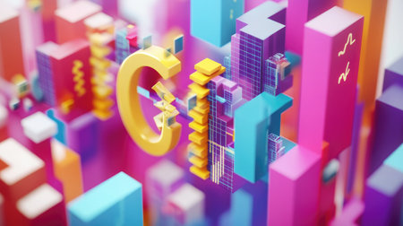 A vibrant 3D abstract representation featuring colorful geometric shapes and creative design elements, ideal for concepts of innovation and technology.の素材