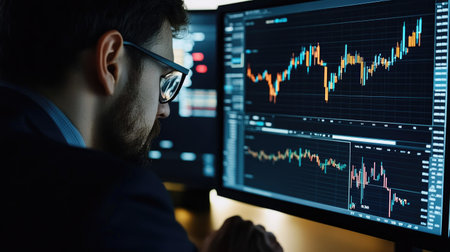 A financial analyst reviews investment data on multiple screens, analyzing market trends and performance charts to make informed decisions in a professional setting.の素材