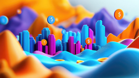 Explore a vibrant 3D abstract landscape filled with colorful mountains and financial elements, creating a modern and artistic representation of the economy.の素材