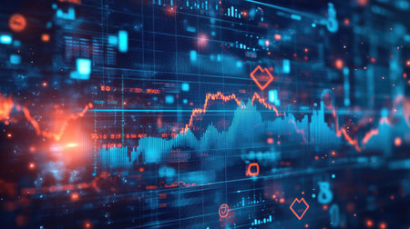 A vibrant digital display showcasing an upward trending line graph, illustrating data analytics and financial performance with modern design elements.の素材