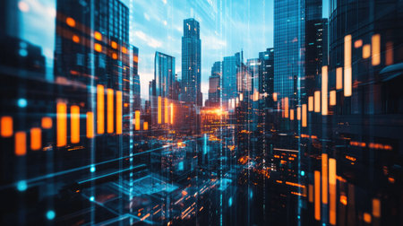 A stunning 3D representation of a futuristic cityscape featuring financial elements like digital graphs and vibrant city lights, illustrating economic growth and innovation.の素材