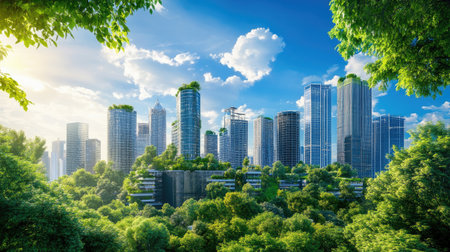 A stunning cityscape showcasing modern architecture integrated with lush greenery. This vibrant urban scene highlights sustainable design and harmony with nature.の素材