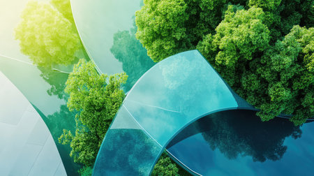 Discover a captivating abstract dynamic representation featuring organic shapes entwined with lush greenery, merging nature and modern design elements in a harmonious visual experience.の素材