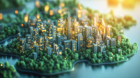 This dynamic urban visualization showcases a vibrant city landscape with illuminated buildings and green spaces, reflecting modern capital movement and growth.の素材