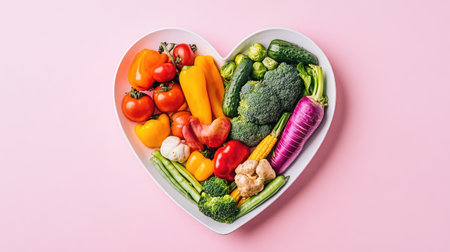 This vibrant heart-shaped plate brims with fresh vegetables, ideal for promoting healthy eating and vibrant dishes in culinary contexts.の素材