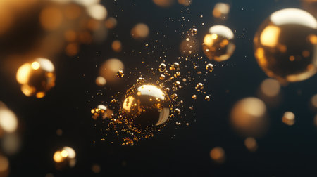 This stunning image features a dynamic arrangement of golden spheres floating in space, creating an elegant and captivating visual effect filled with light and reflections.の素材