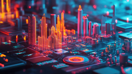 Explore a vibrant futuristic 3D cityscape showcasing dynamic financial indicators and cutting-edge technology set against a colorful urban landscape.の素材
