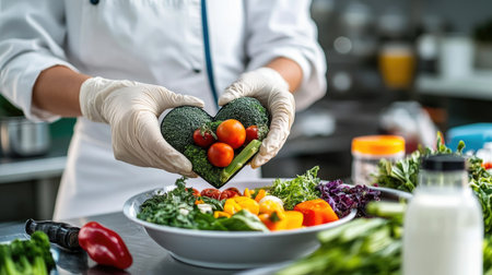 A nutritionist prepares a heart-shaped dish using fresh vegetables and vibrant ingredients, emphasizing healthy eating and creative culinary presentation in a modern kitchen.の素材