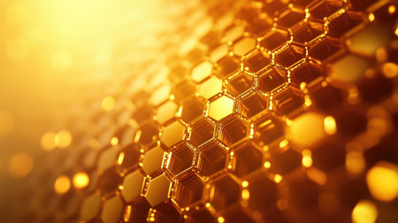 Discover a stunning radiant golden 3D hexagonal background featuring intricate patterns and vibrant textures, perfect for modern design themes and digital projects.の素材