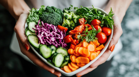 A beautifully arranged bowl of mixed vegetables showcases fresh ingredients in a visually appealing manner, perfect for nutrition-focused presentations.の素材