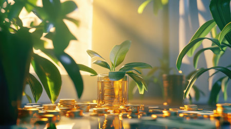 A serene 3D atmosphere featuring currency notes surrounded by lush plants. The soft sunlight enhances the calm and rich environment, perfect for finance themes.の素材