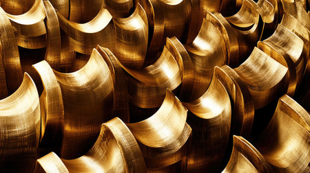 An artistic composition featuring rich golden geometric shapes arranged in a captivating array, showcasing elegance and modern design through dynamic textures and patterns.の素材