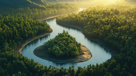 Experience a breathtaking 3D landscape featuring a winding river embraced by vibrant forests. This serene scene captures the beauty of nature in perfect harmony.の素材
