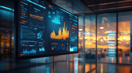 A vibrant display of financial graphs and charts enhances a modern office environment, showcasing data analysis and business trends on a digital screen.の素材