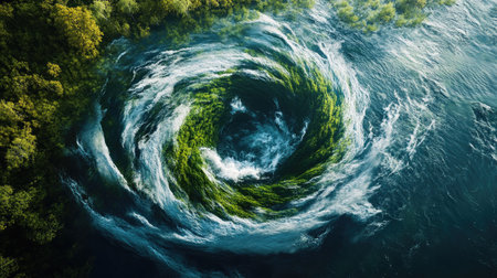 An aerial view capturing swirling green and blue textures in water, showcasing dynamic movement and vibrant colors in a serene natural setting.の素材