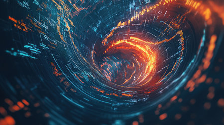 A captivating digital vortex representing stock market trends with dynamic graphs and vibrant colors, perfect for illustrating financial analysis and technology concepts.の素材