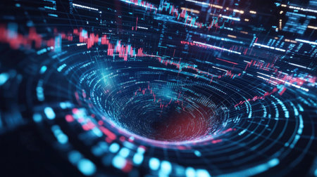 A captivating digital illustration representing a swirling vortex of stock market data. This image captures the dynamic fluctuations and trends in financial analytics.の素材