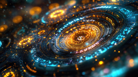 Explore a mesmerizing abstract composition featuring swirling elements and vibrant colors inspired by digital currencies and futuristic finance concepts.の素材