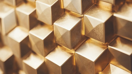 A captivating close-up of cascading golden cubes in a 3D arrangement, showcasing modern geometric design and luxurious texture, perfect for creative projects.の素材