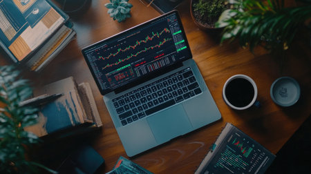 A busy desk scene featuring a laptop displaying data charts, a coffee cup, and greenery. This overhead view captures a modern workspace ideal for productivity and analysis.の素材