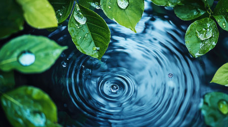 A tranquil scene showcasing swirling green leaves resting above the serene blue water. This closeup captures nature's beauty and the gentle ripple of droplets.の素材