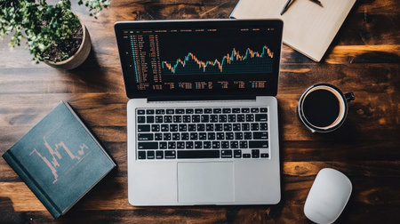 A top-down view of a busy desk featuring a laptop displaying financial charts, a cup of coffee, and a notebook, ideal for workspace inspiration.の素材